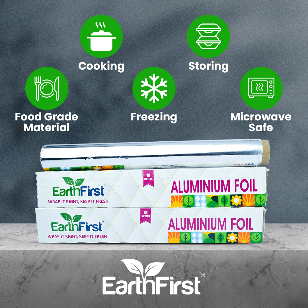 earthfirst aluminum foil 18 meter – pack of 2 | heavy duty & food grade silver foil roll | ideal for cooking, baking, wrapping & grilling | kitchen use foil paper