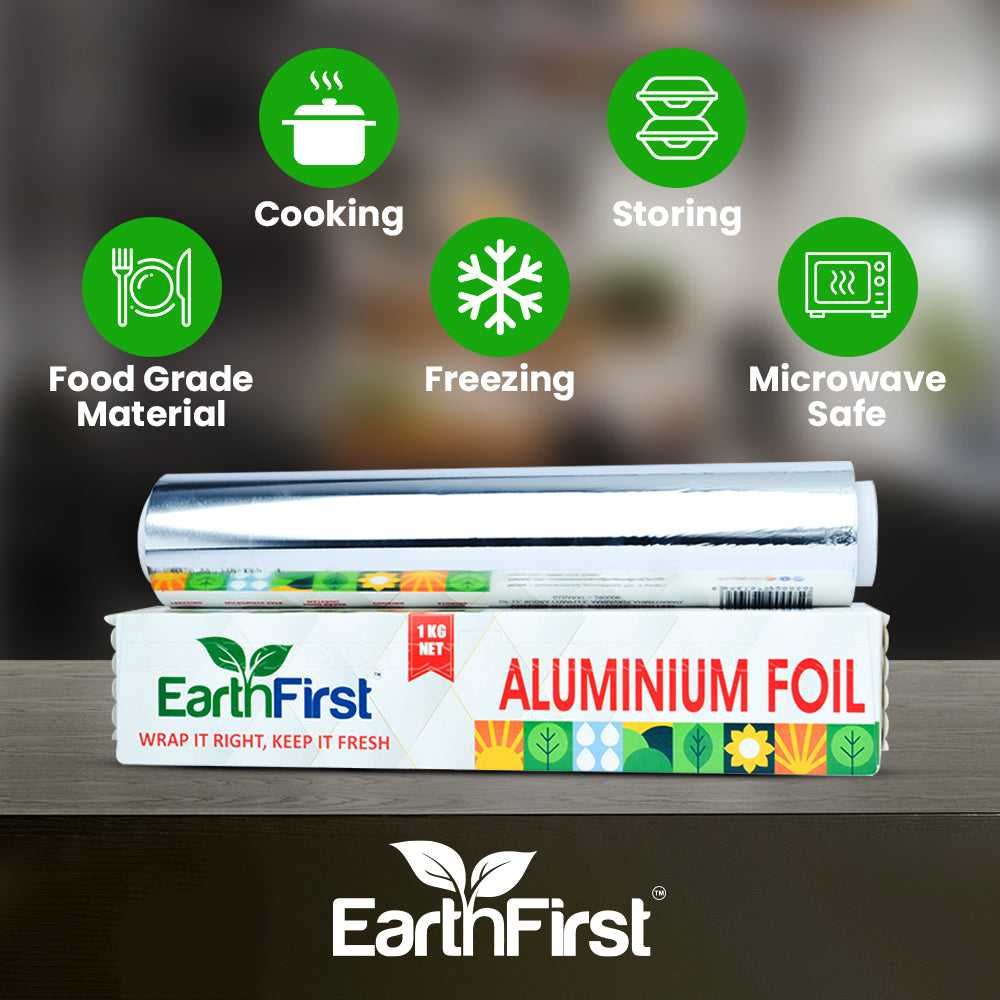 earthfirst aluminum foil 1 kg net roll | heavy duty, food grade silver foil for commercial & home use | ideal for cooking, wrapping, grilling & baking | extra thick kitchen foil