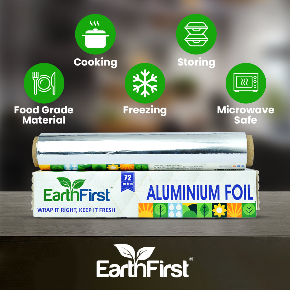 earthfirst premium aluminum foil 72 meter net | extra strong & thick | food grade kitchen roll for cooking, baking, wrapping & grilling | heavy duty silver foil