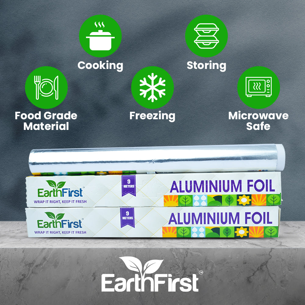 earthfirst aluminum foil 9 meter net – pack of 2 | food grade silver foil for kitchen | ideal for cooking, wrapping, grilling & baking | extra strong & safe for food use