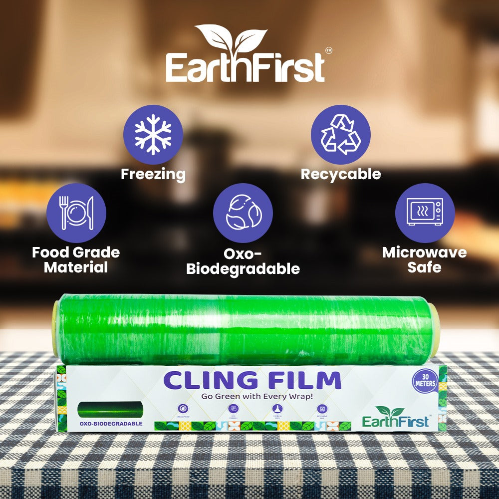 earthfirst oxo-biodegradable cling film roll – 30 meter | eco-friendly food wrap | compostable & microwave safe | plastic-free kitchen solution