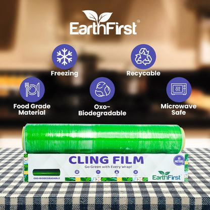 Earthfirst Oxo-Biodegradable Cling Film Roll – 30 Meter | Eco-Friendly Food Wrap | Compostable & Microwave Safe | Plastic-Free Kitchen Solution
