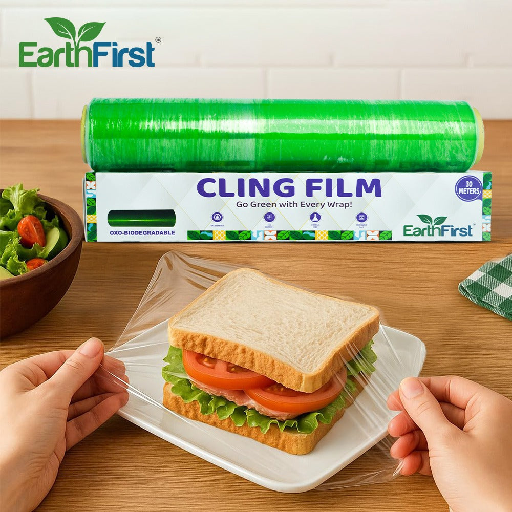 earthfirst oxo-biodegradable cling film roll – 30 meter | eco-friendly food wrap | compostable & microwave safe | plastic-free kitchen solution
